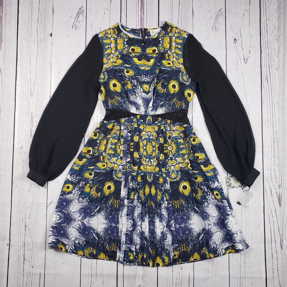 Nicole Richie Collection Long Sleeve Peacock Print Dress in Navy, Yellow, Black